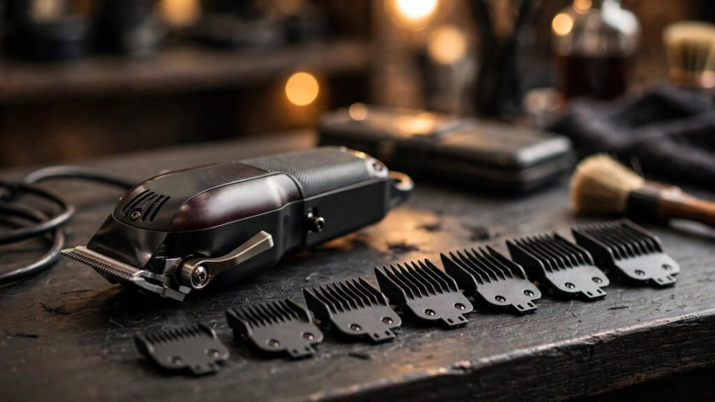 Clipper with numbered guard attachments on a barbershop counter