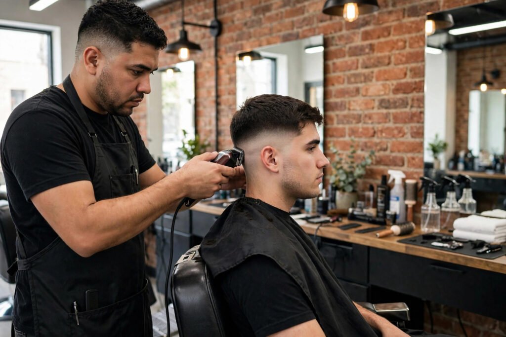 Barber fading the sides of a client's low taper with clippers, side view, barbershop