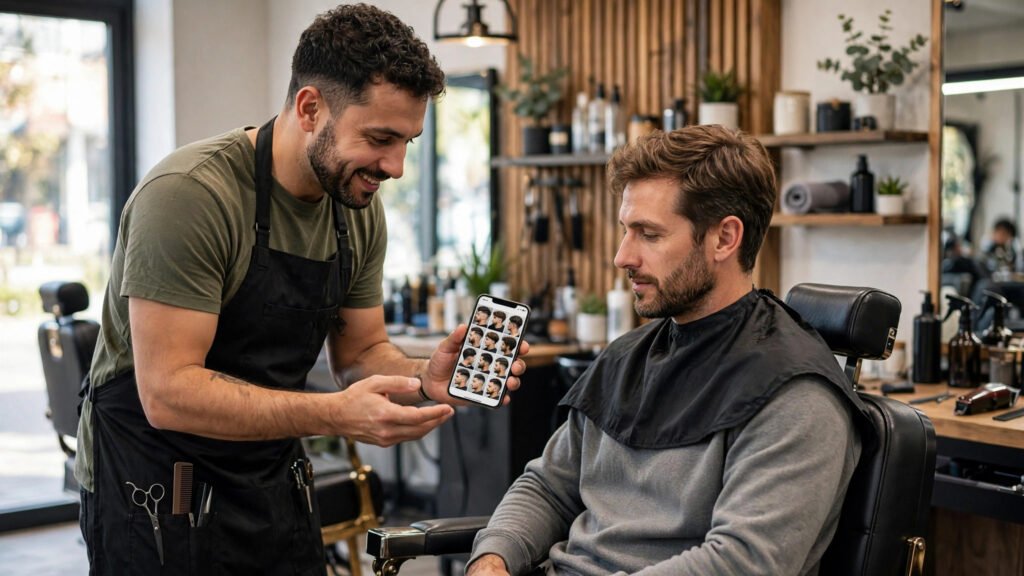 Barber showing hairstyle reference photos on a phone to a client