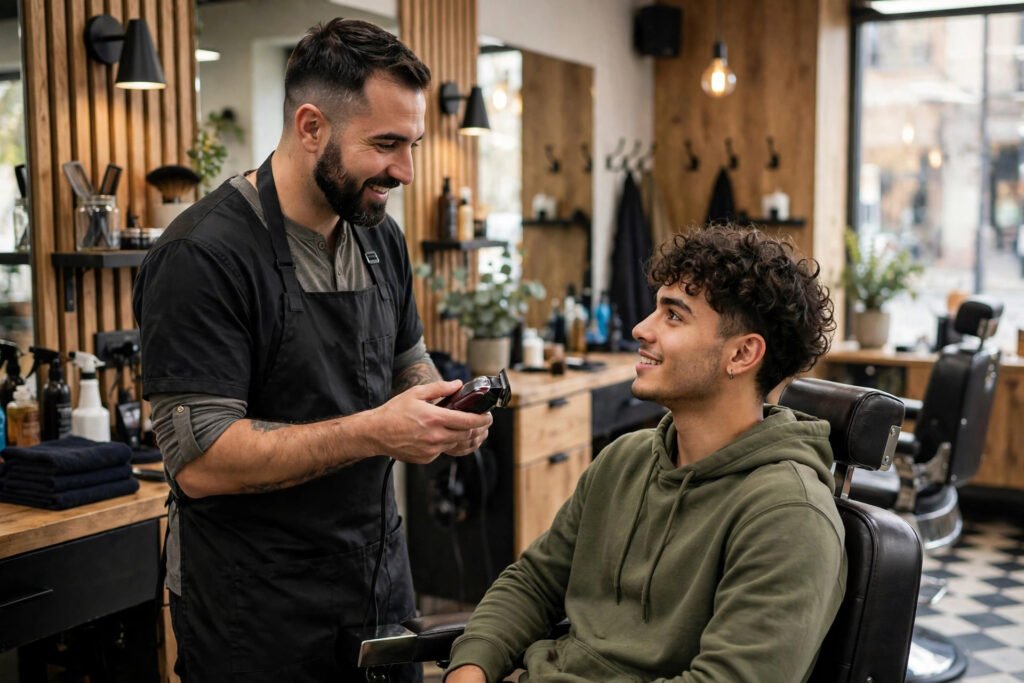 Barber consulting with a curly-haired client in a barbershop, clippers in hand, before the cut