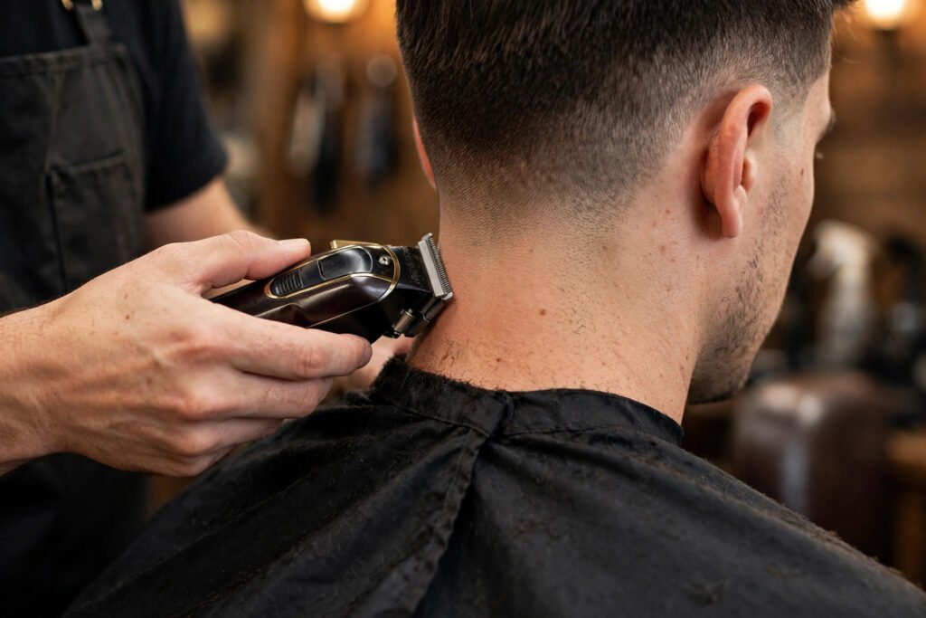 Barber cleaning up a tapered neckline with a trimmer