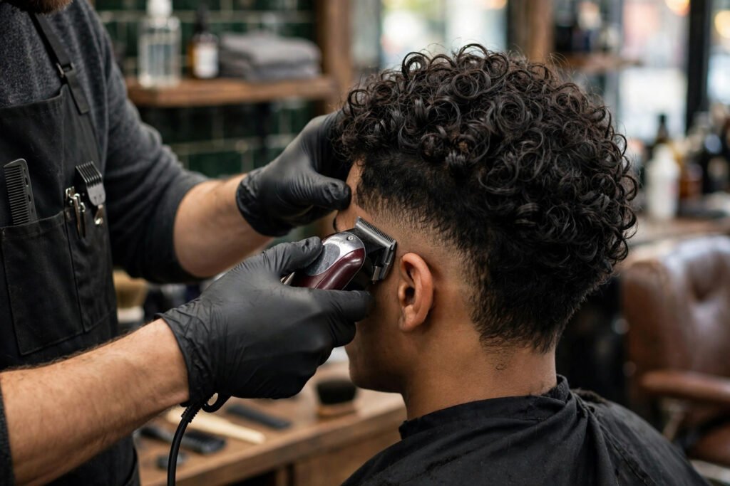 Close-up of a barber blending the sides of a curly-top low taper fade with clippers