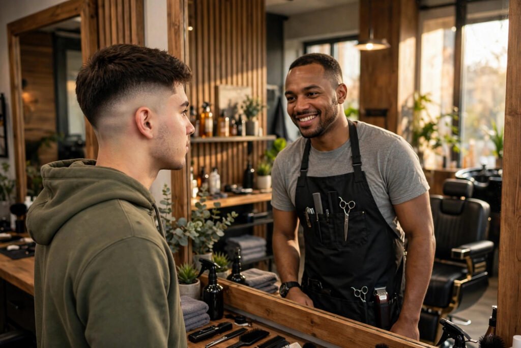 Man checking his fresh taper fade in a barbershop mirror