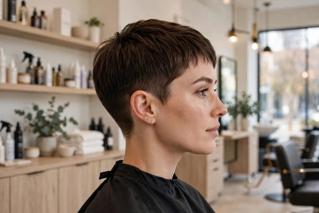 Woman with a classic pixie cut, salon setting, side profile view showing tapered back and neckline