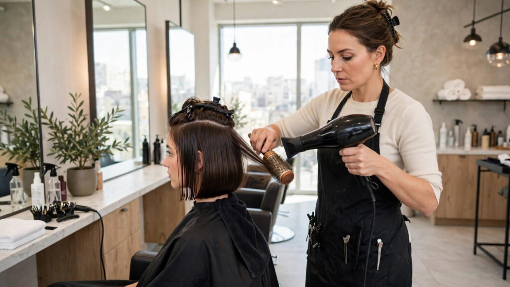 Hairstylist blow-drying a bob with a round brush