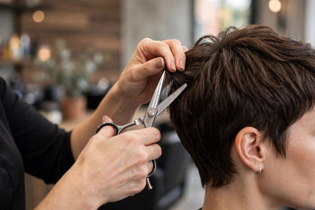 Stylist texturizing a pixie cut with shears, close-up in a salon