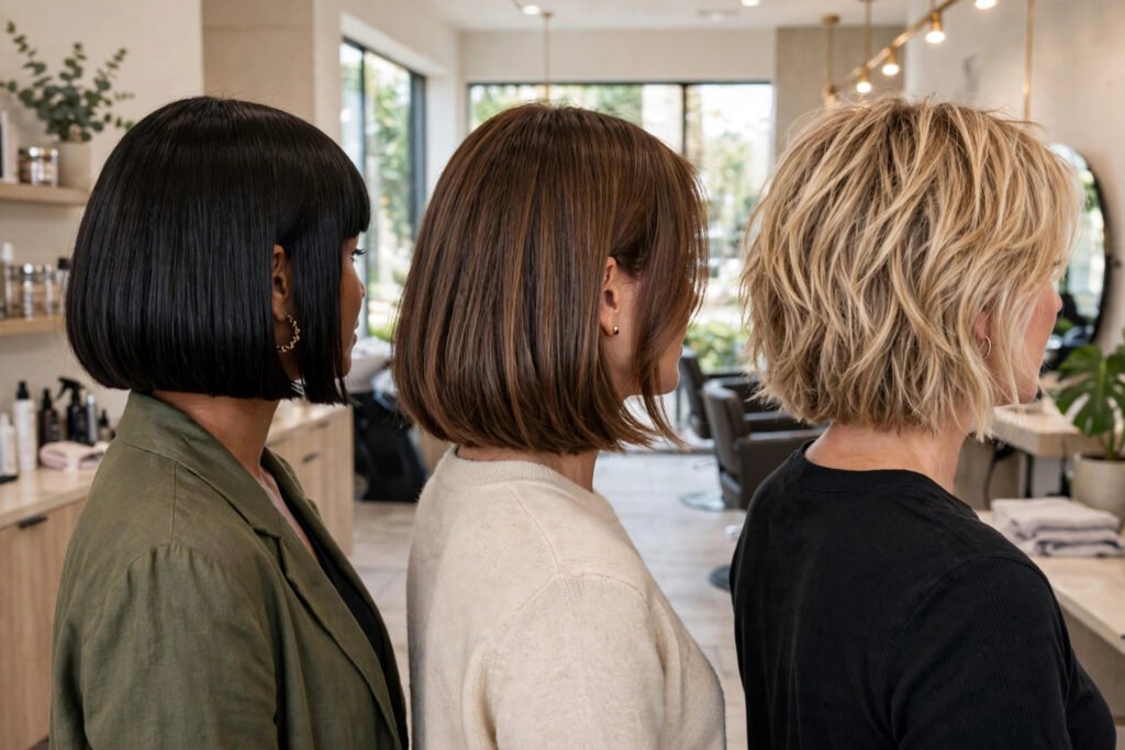 Three bob variations — classic blunt, A-line, and layered bob