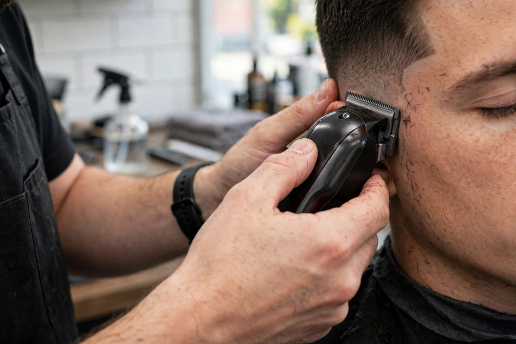 Barber blending a taper fade with electric clippers around a client's temple
