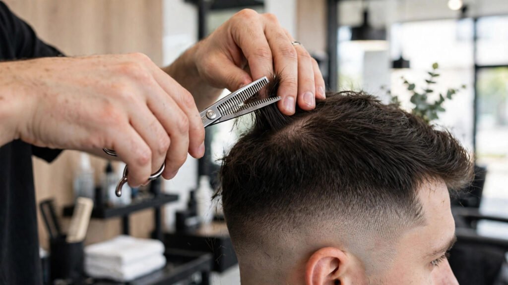 Barber using thinning shears to remove bulk from thick hair
