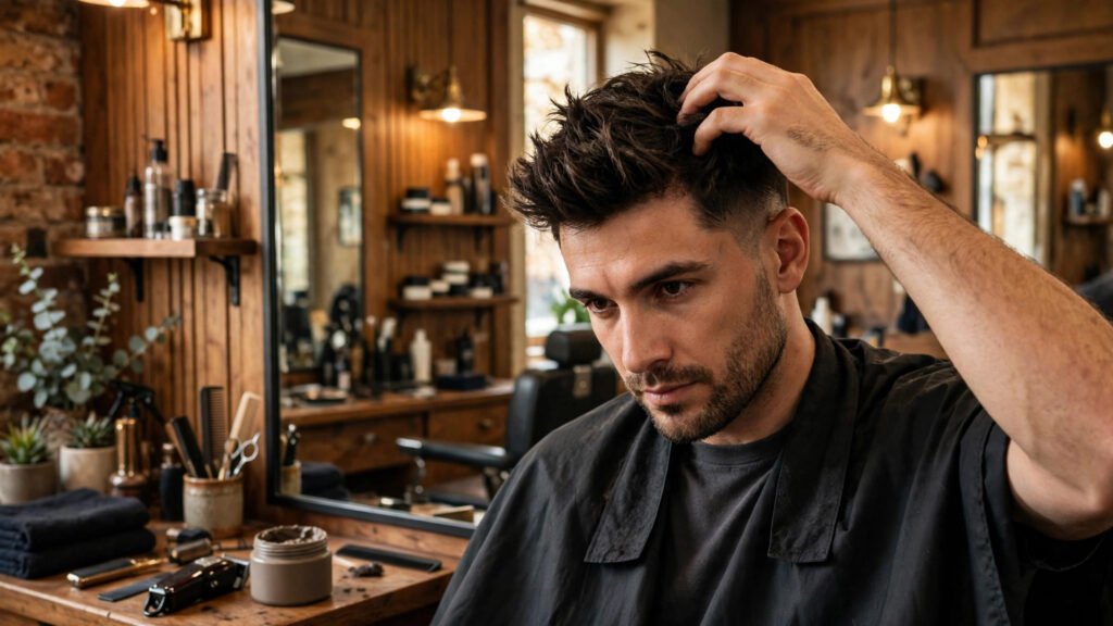 Man styling his low taper fade with matte clay in front of a mirror.
