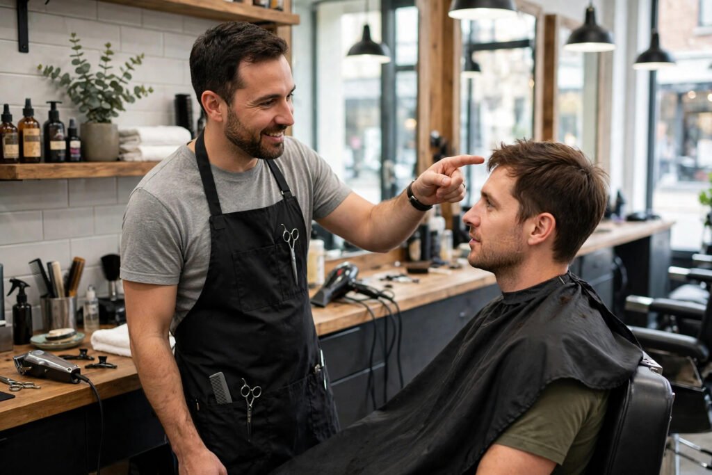 Barber consulting with a client about a low taper fade haircut.
