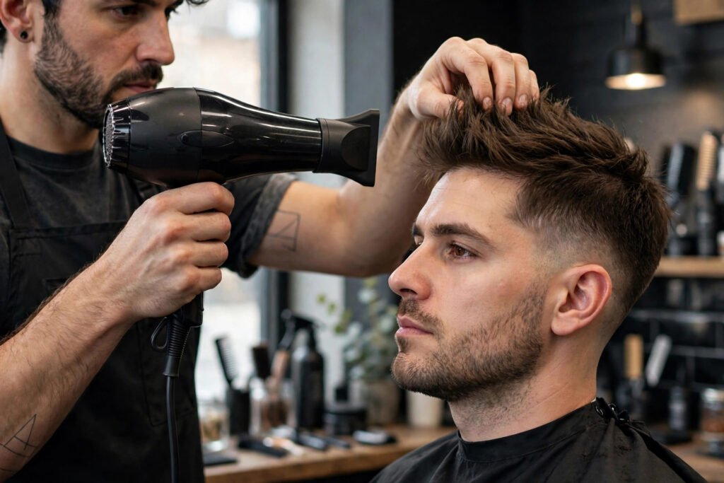 Barber blow-drying short hair upward to add volume.