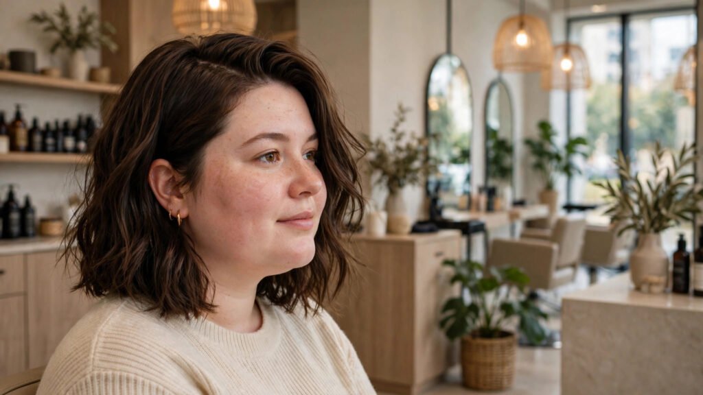 Woman with a textured lob haircut and deep side part.