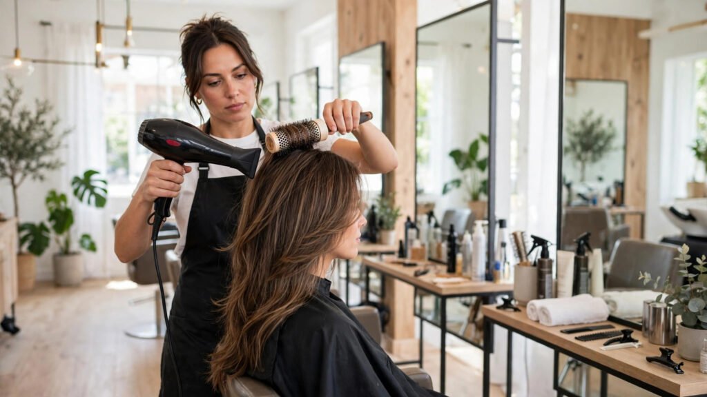 Hairstylist blow-drying long layers with a round brush for crown volume.