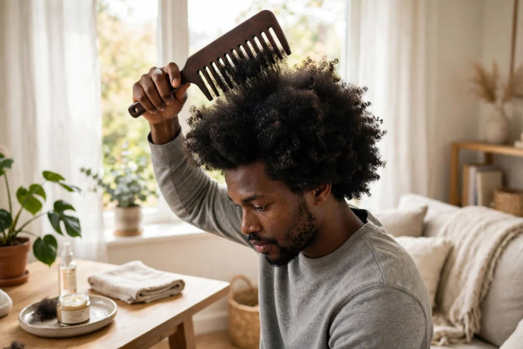 Man picking out a full afro to keep its rounded shape