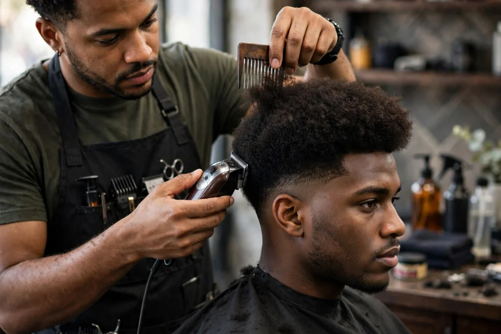 Barber shaping a rounded afro with a low taper fade
