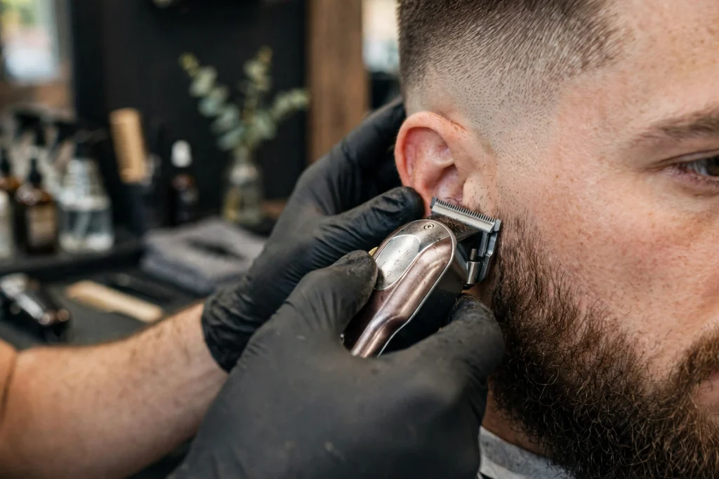 Barber blending a low taper fade into a full beard
