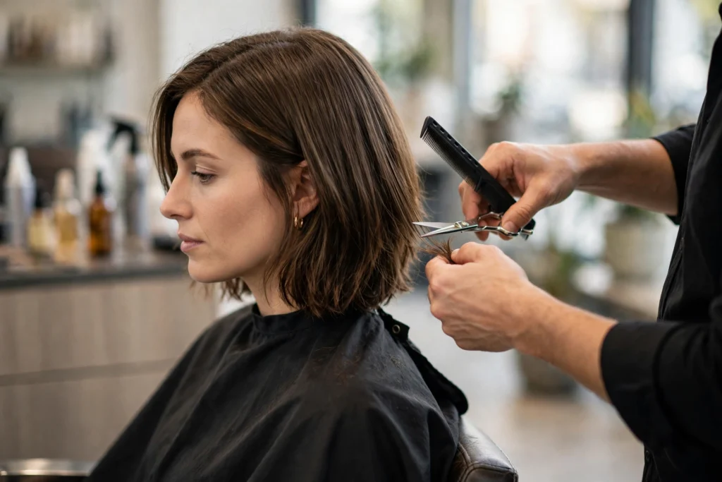 Stylist cutting a lob haircut in a salon