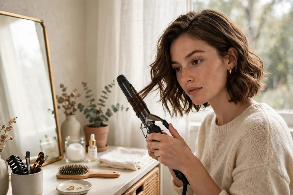 Styling a lob with loose waves using a curling iron