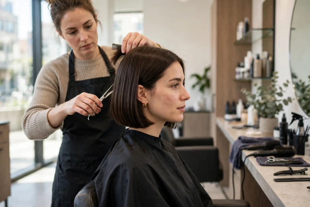 Woman with an oval face wearing a sleek chin-length bob
