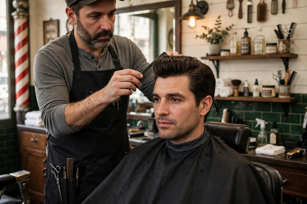 Barber combing the top of a pompadour haircut.