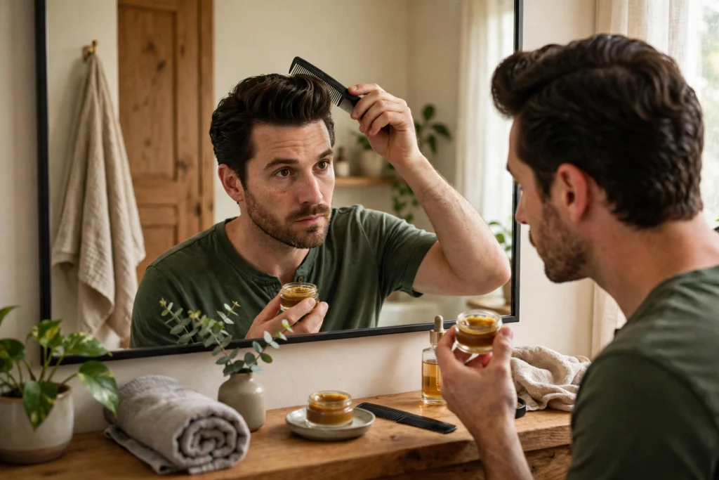 Man styling a pompadour with a comb and pomade.