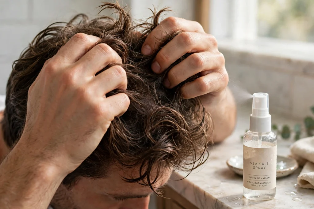 Styling wavy hair with sea salt spray by scrunching.
