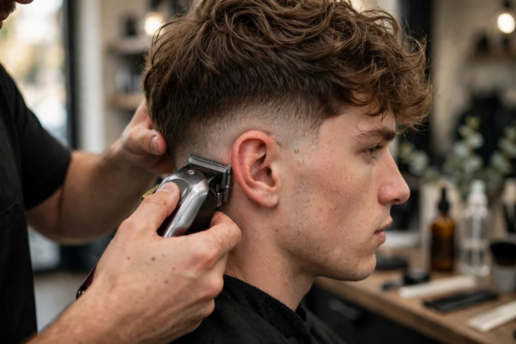 Barber cutting a low taper fade on wavy hair.