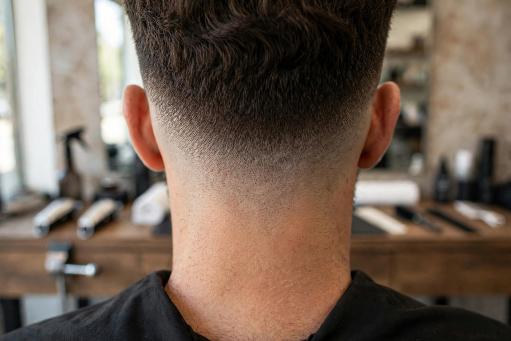 Back view of a man's head showing a tapered neckline on a low taper fade