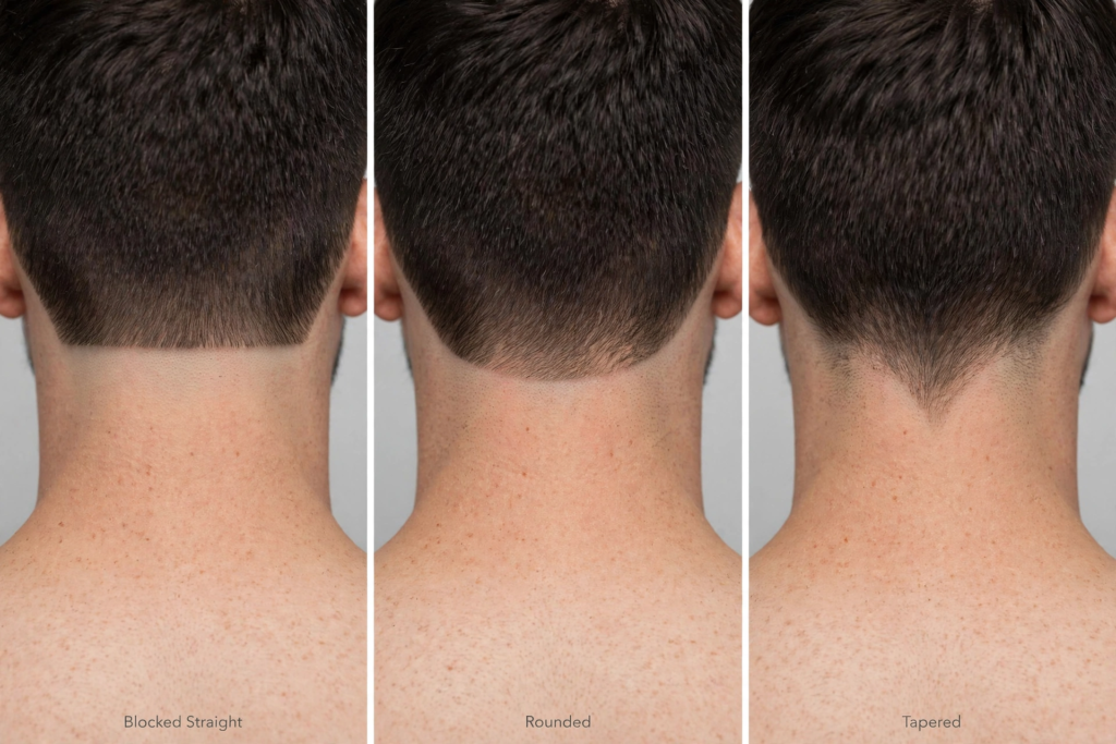 Diagram-style comparison of blocked, rounded, and tapered necklines at the nape