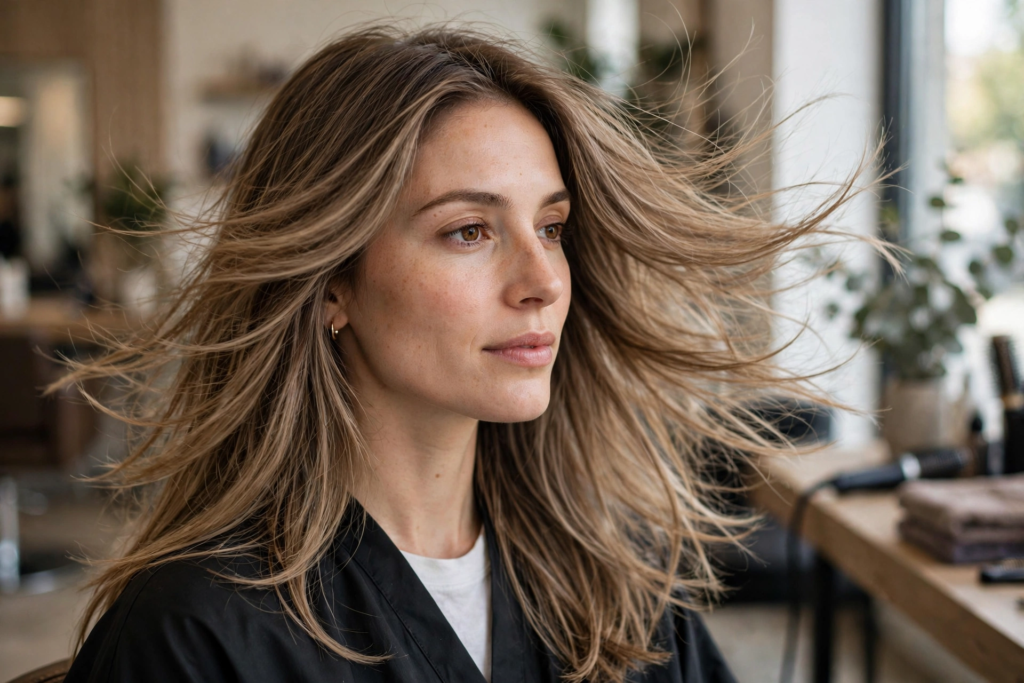 Woman with long layered hair showing soft flowing layers in a salon