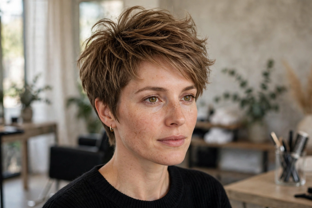 Woman with short layered haircut showing textured volume at the crown
