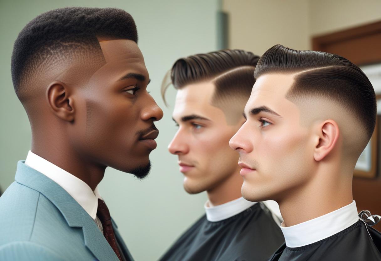 Drop fade and taper haircut examples demonstrating curved vs straight fade lines