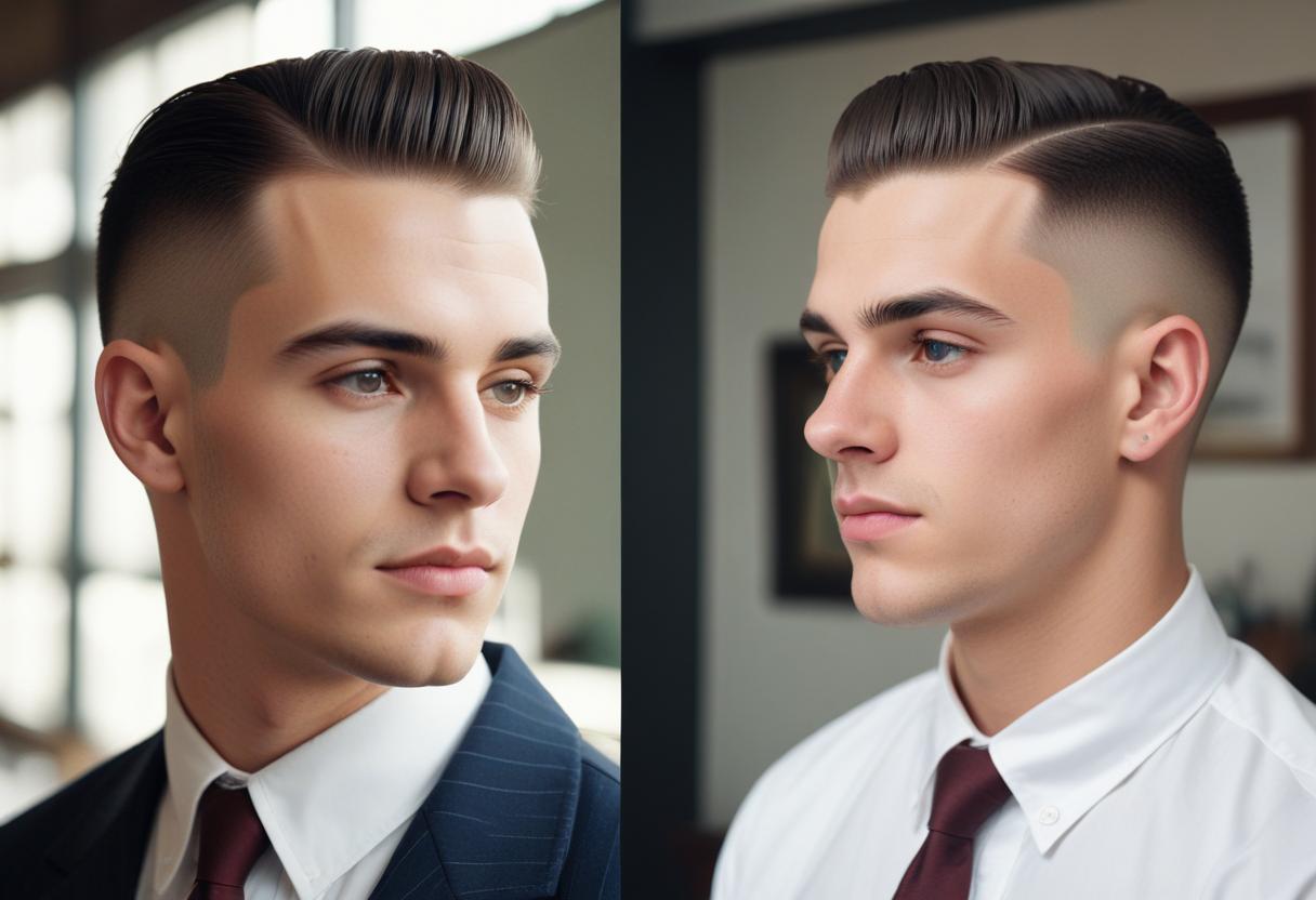 Direct comparison between low fade and high fade haircuts showing height differences