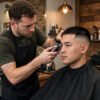Barber using clippers to blend a low taper fade on a client, professional barbershop