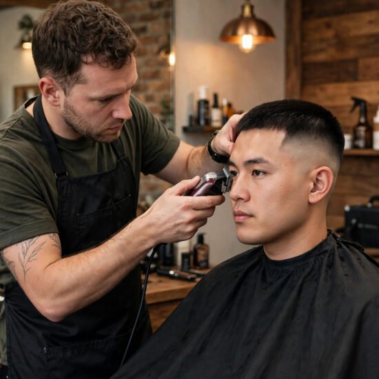 Barber using clippers to blend a low taper fade on a client, professional barbershop