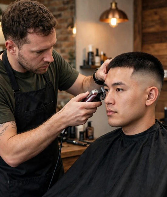 Barber using clippers to blend a low taper fade on a client, professional barbershop