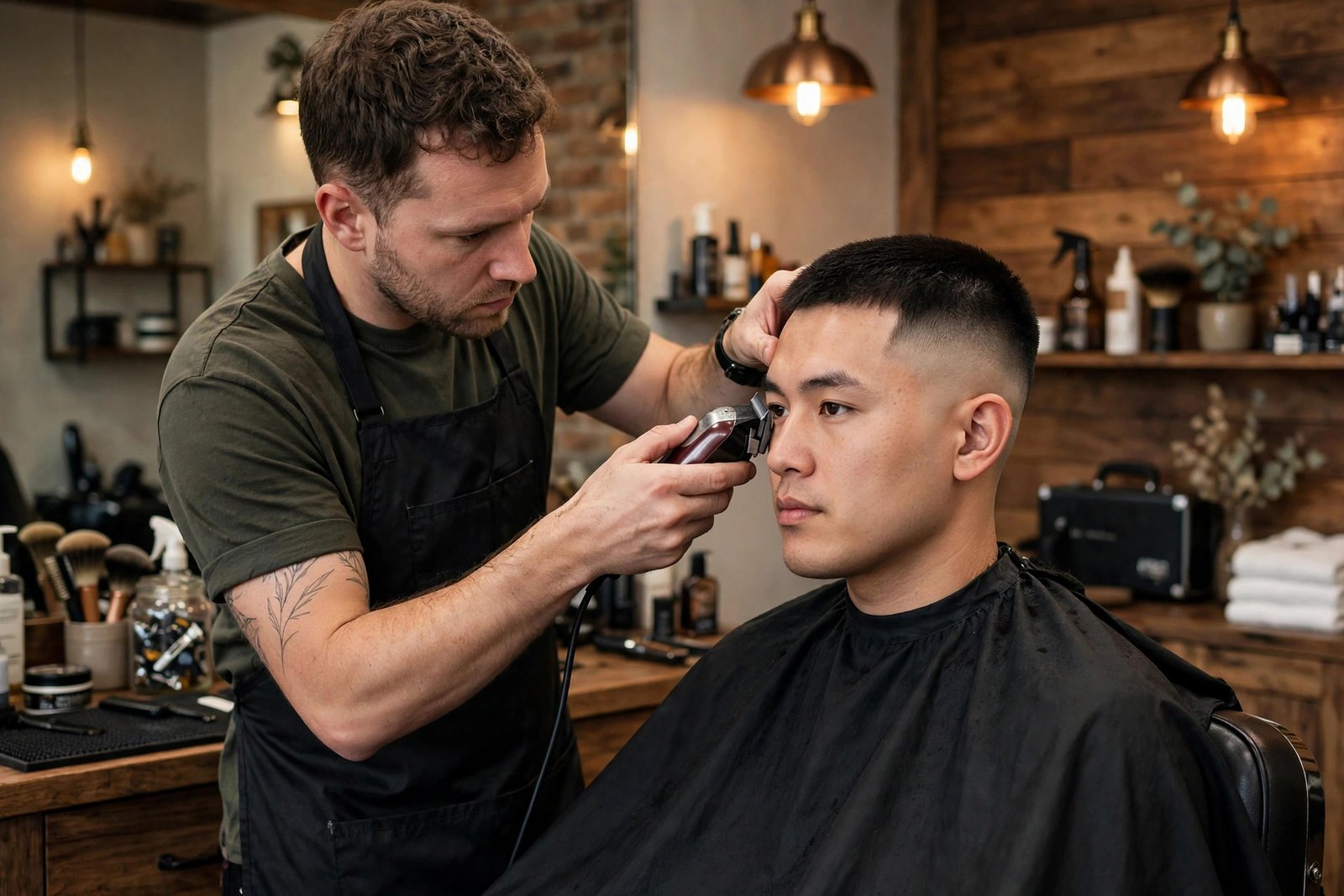 Barber using clippers to blend a low taper fade on a client, professional barbershop