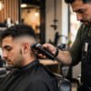 Barber blending a low taper fade with clippers in a barbershop