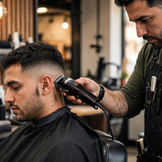 Barber blending a low taper fade with clippers in a barbershop