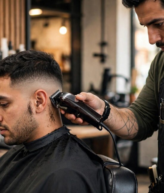 Barber blending a low taper fade with clippers in a barbershop