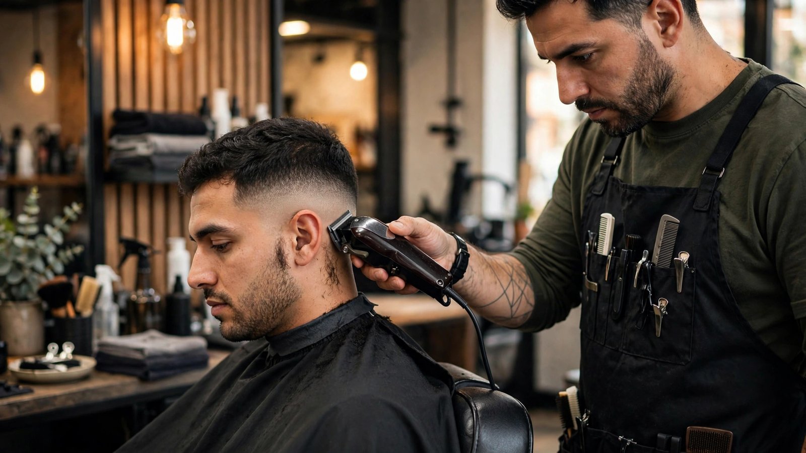 Barber blending a low taper fade with clippers in a barbershop