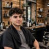 Curly-haired man in a barbershop chair showing a clean low taper fade with defined curls on top