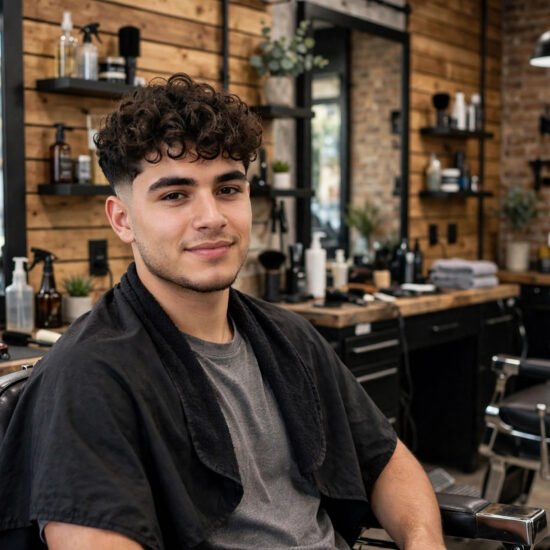 Curly-haired man in a barbershop chair showing a clean low taper fade with defined curls on top