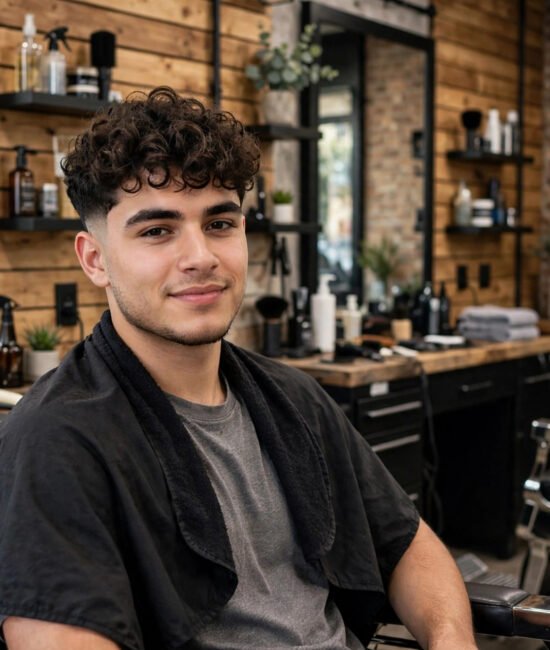 Curly-haired man in a barbershop chair showing a clean low taper fade with defined curls on top