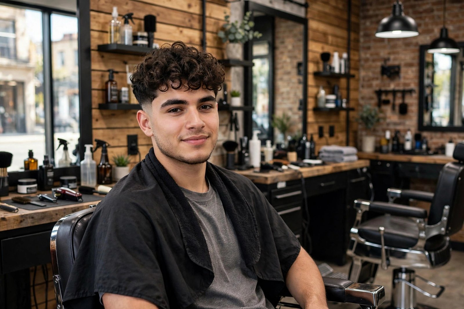 Curly-haired man in a barbershop chair showing a clean low taper fade with defined curls on top