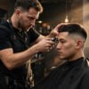 Barber doing a lineup on a fresh low taper fade