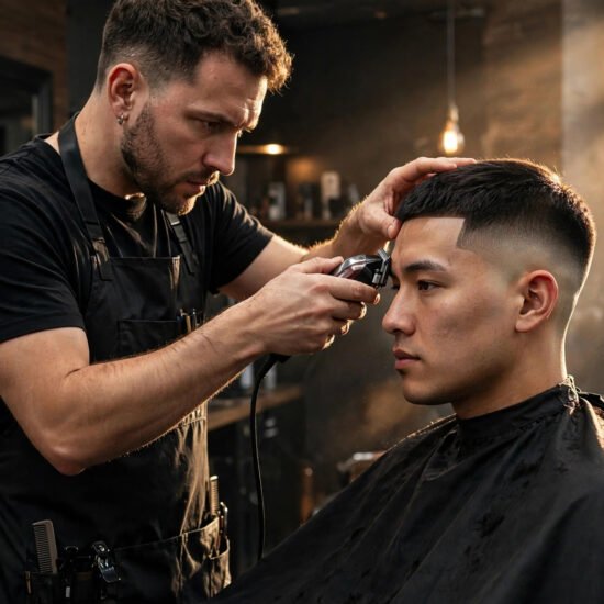 Barber doing a lineup on a fresh low taper fade