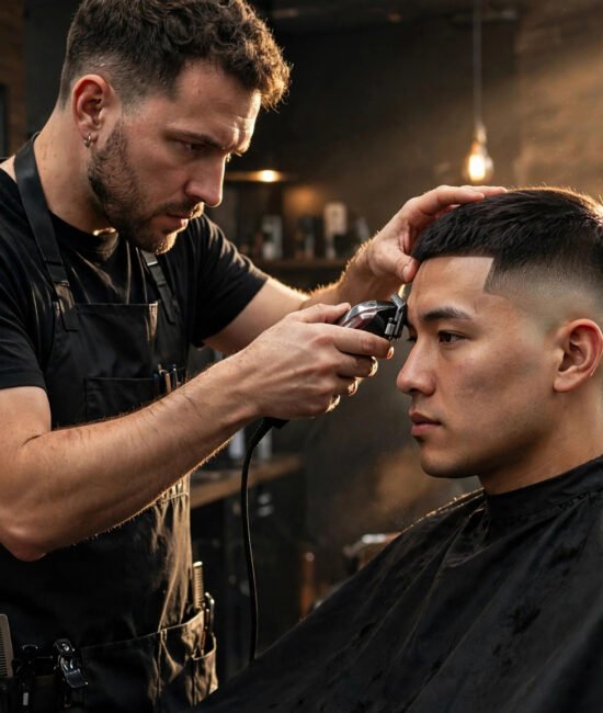 Barber doing a lineup on a fresh low taper fade