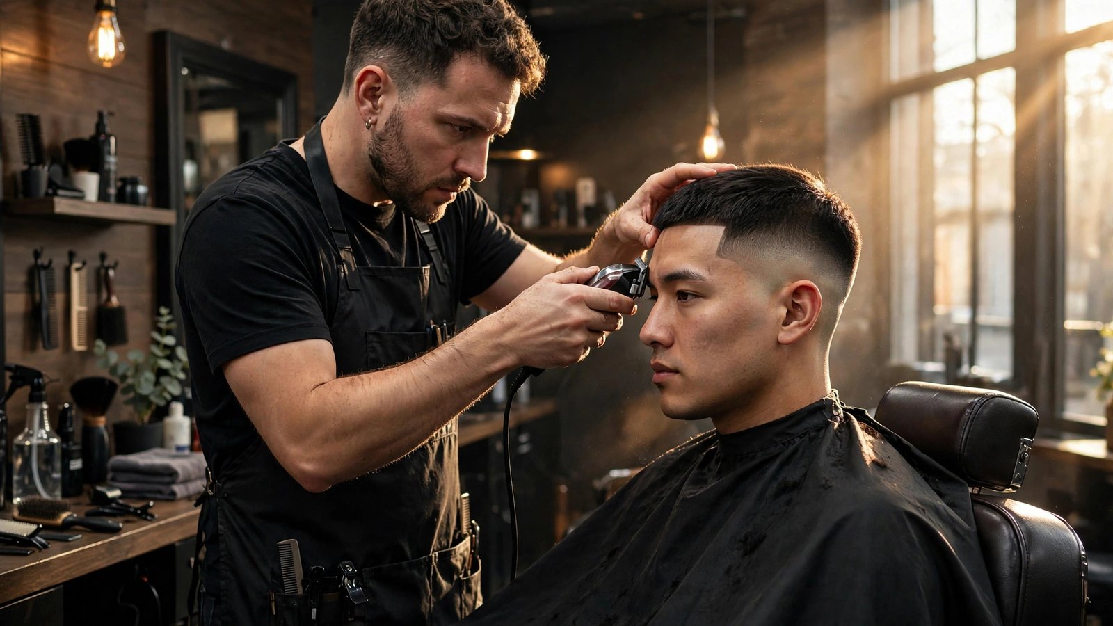 Barber doing a lineup on a fresh low taper fade